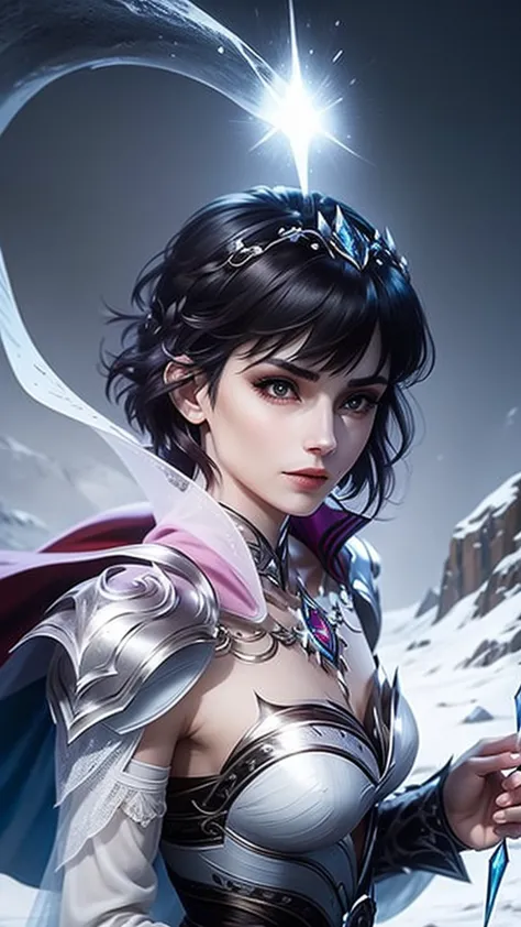 short black haired mystical looking woman casting magic in a battle in a frozen wasteland