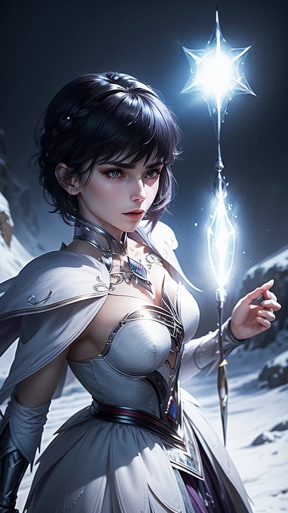 short black haired mystical looking woman casting magic in a battle in a frozen wasteland