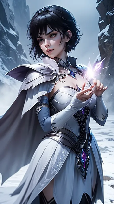 short black haired mystical looking woman casting magic in a battle in a frozen wasteland