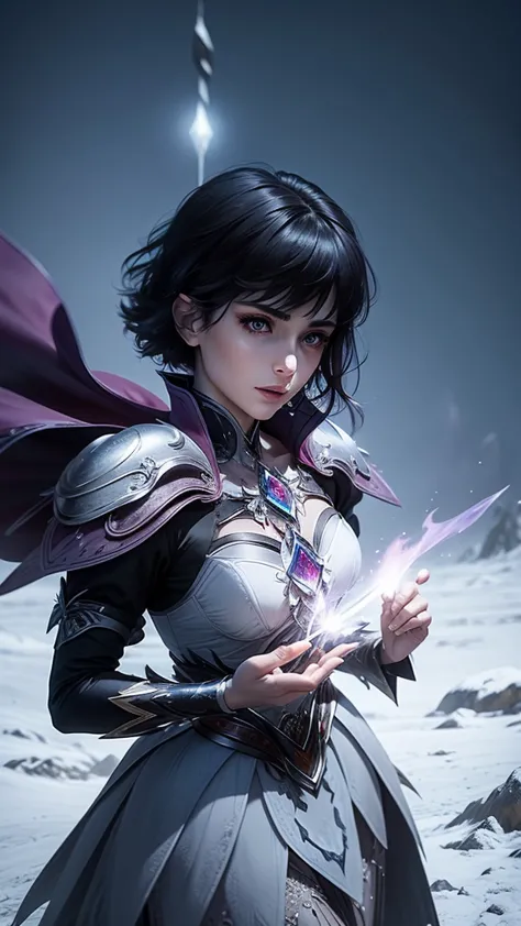 short black haired mystical looking woman casting magic in a battle in a frozen wasteland