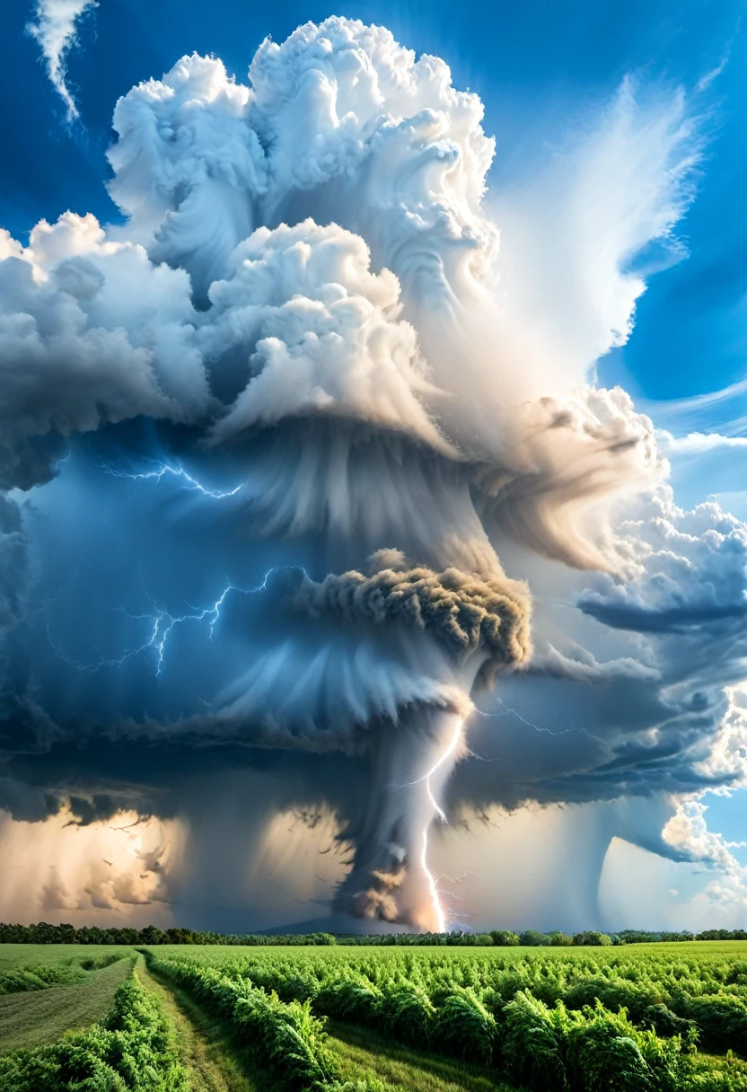 A huge tornado appears in the blue sky、Overwhelm the surrounding clouds。This natural phenomenon is、With its power and beauty,々surprise。but、Behind that beauty、Destructive power lurks。This image is、It symbolizes the power of nature and the fragility of humans.。