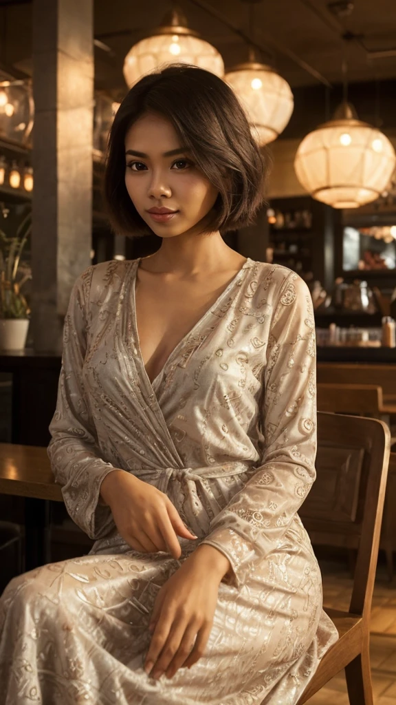 A beautiful, shy Malay woman with a sleek, straight hairstyle, wearing a modern "baju kurung" with intricate patterns. She is sitting in a contemporary cafe, delicately sipping a cup of tea.
Setting: Soft indoor lighting with a warm, cozy ambiance, highlighting the modern interior design of the cafe