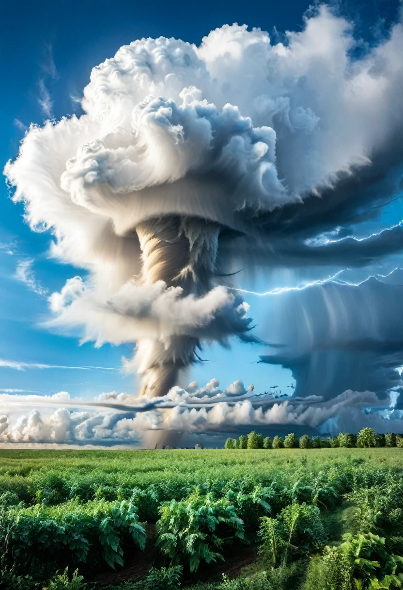 A huge tornado appears in the blue sky、Overwhelm the surrounding clouds。This natural phenomenon is、With its power and beauty,々surprise。but、Behind that beauty、Destructive power lurks。This image is、It symbolizes the power of nature and the fragility of humans.。