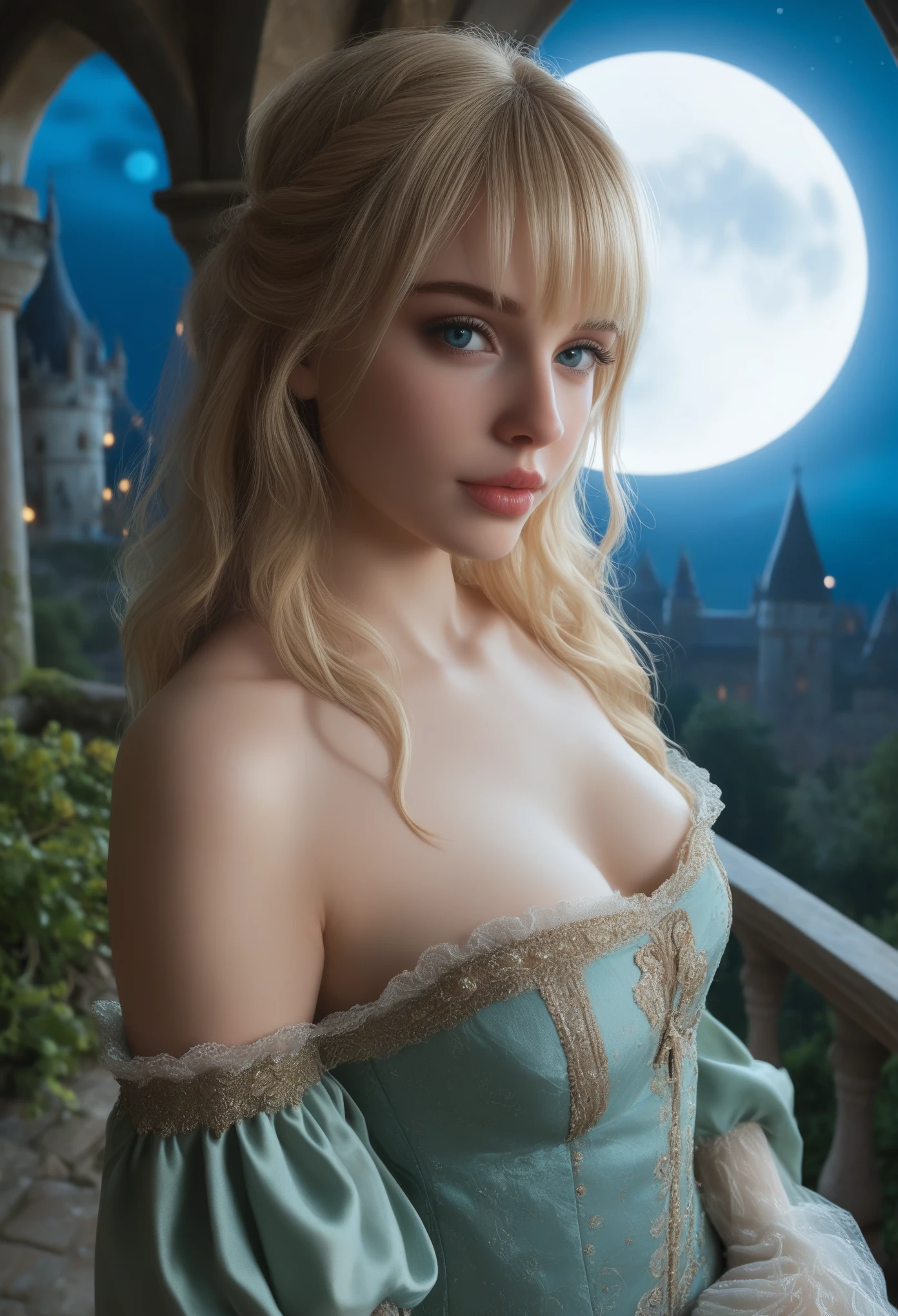 score_9, score_8_above, score_7_above, 1girl, realistic, blonde long hair with bangs, blue_eyes, realistic skin texture, detailed picture, upper_body, HD32k, royal_garden, medieval_castle, elegant_green_dress, off_shoulder_dress, moonlight, night, fullmoon, red_lips, (puckered_lips:1.3)