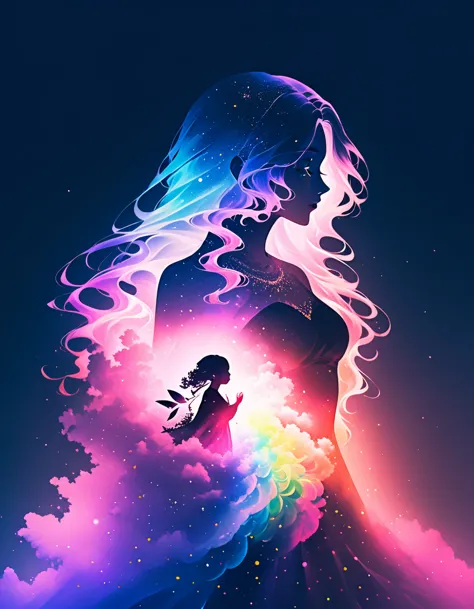 A silhouette artwork featuring a mystical woman in a flowing gown, standing in profile. The silhouette of a baby rainbow dragon ...