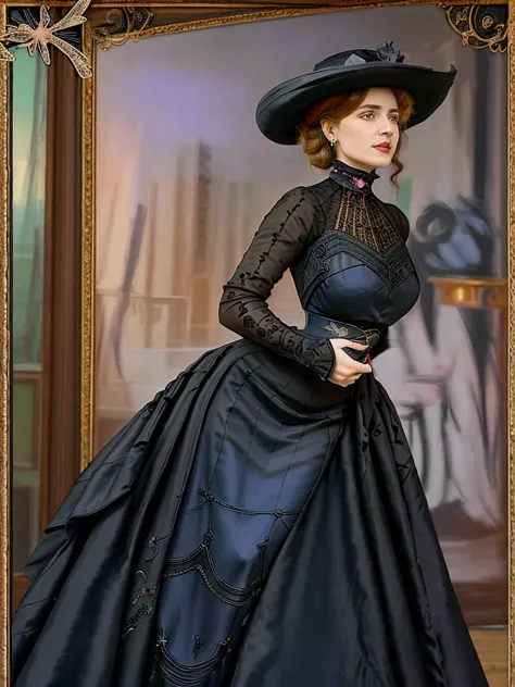 masterpiece, uhd, sharp color  photo of one beautiful woman wearing a high-neck layered black dress, with a hat on and hourglass...