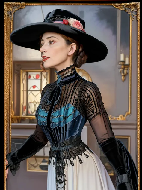 masterpiece, uhd, sharp color  photo of one beautiful woman wearing a high-neck layered black dress, with a hat on and hourglass...