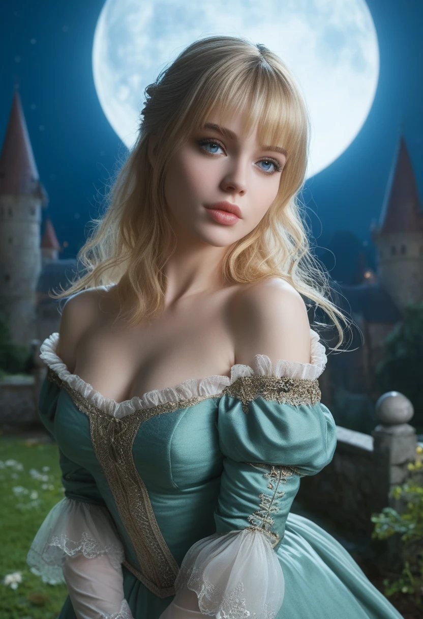 score_9, score_8_above, score_7_above, 1girl, realistic, blonde long hair with bangs, blue_eyes, realistic skin texture, detailed picture, upper_body, HD32k, royal_garden, medieval_castle, elegant_green_dress, off_shoulder_dress, moonlight, night, fullmoon, red_lips, (puckered_lips:1.5)