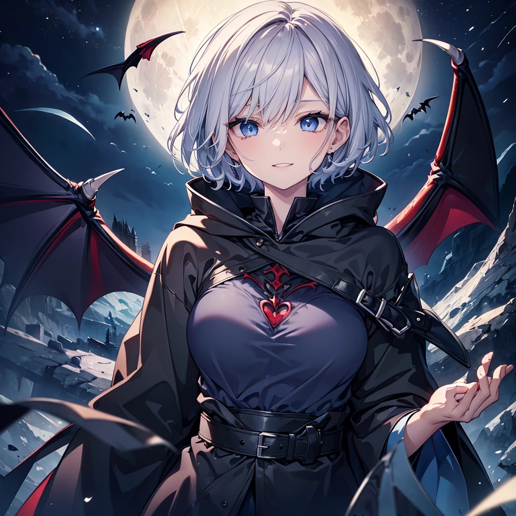 ((((vampire　Inflammation))))　(((Gray Hair　short hair　blue eyes　woman　Center close-up)))，((night　full moon　My own big wings))，(Wearing a hood　Black camisole　Purple light　Wearing a cloak)，　Creepy Smile　Showing teeth　Shining Background　Shining Edges