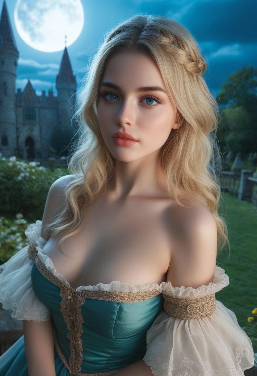 score_9, score_8_above, score_7_above, 1girl, realistic, blonde long hair with bangs, blue_eyes, realistic skin texture, detailed picture, upper_body, HD32k, royal_garden, medieval_castle, elegant_green_dress, off_shoulder_dress, moonlight, night, fullmoon, red_lips, (puckered_lips:1.5)
