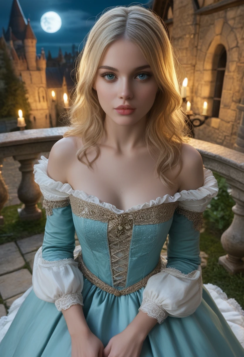 score_9, score_8_above, score_7_above, 1girl, realistic, blonde long hair with bangs, blue_eyes, realistic skin texture, detailed picture, upper_body, HD32k, royal_garden, medieval_castle, elegant_green_dress, off_shoulder_dress, moonlight, night, fullmoon, red_lips, spread_lips
