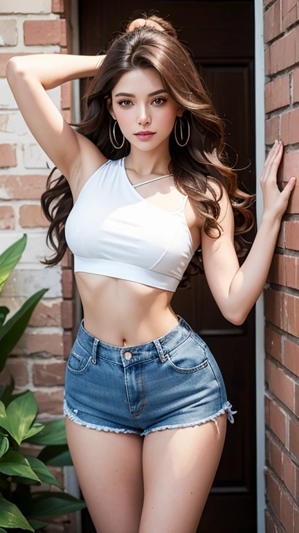 A woman with long, wavy brown hair is posing against a brick wall and door. She is wearing a white cropped top that exposes her midriff and lower breasts, along with high-waisted, frayed denim shorts. She is accessorized with hooped earrings and has one arm raised above her head. There is a potted plant to her side.