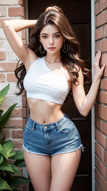 A woman with long, wavy brown hair is posing against a brick wall and door. She is wearing a white cropped top that exposes her ...