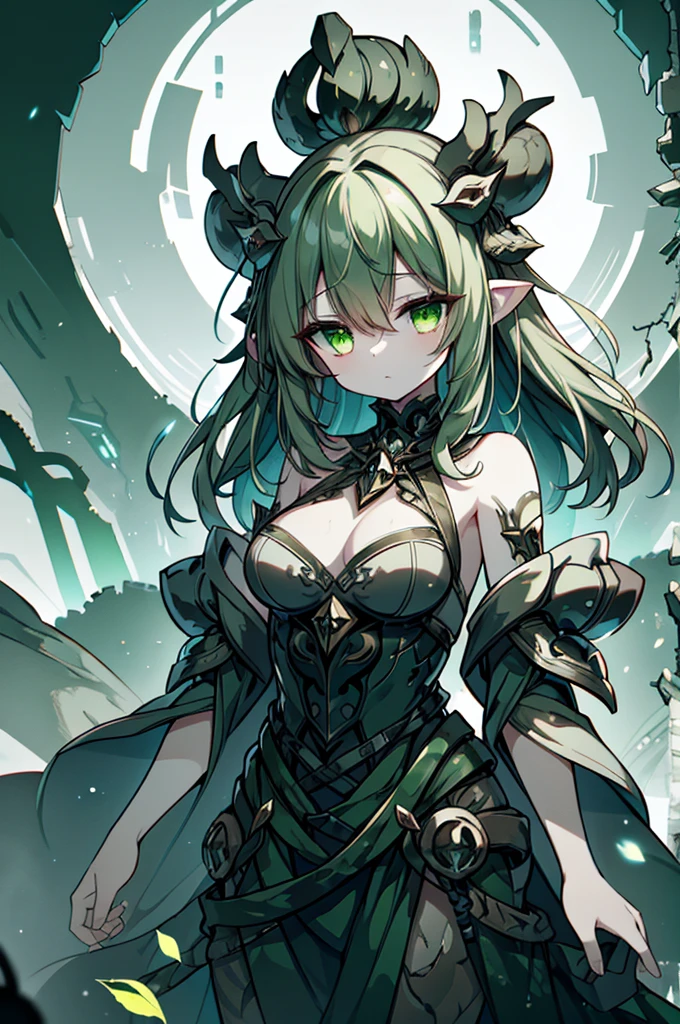 A withered, emaciated dryad stands amidst a barren wasteland, her tree-like limbs twisted and gnarled, devoid of leaves. The concept art is a detailed and haunting digital painting, capturing every intricate line and texture. Her skin is cracked and flaking, with hints of once vibrant green peeking through the decay. The background is desolate, with grey clouds swirling ominously overhead, conveying a sense of despair and desolation. The overall quality of the image is exceptional, with a stark and striking contrast between the decrepit dryad and her bleak surroundings.