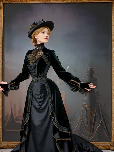 masterpiece, uhd, sharp color  photo of one beautiful woman wearing a high-neck layered black dress, with a hat on and hourglass...