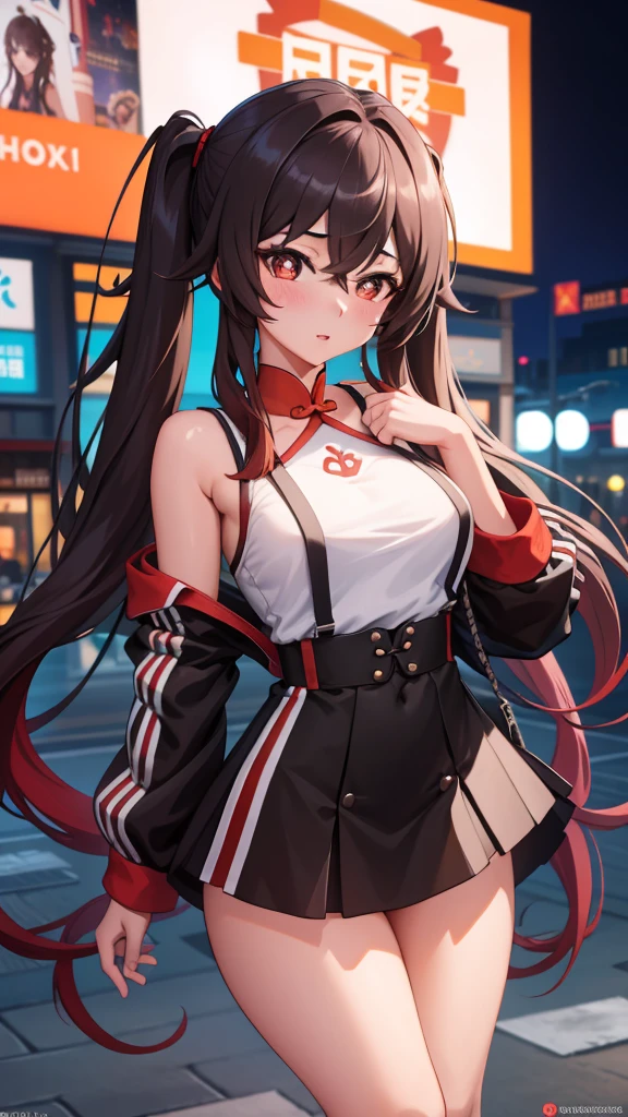 masterpiece, Highest quality, Hu Tao V4, One girl, alone, blush, Twin tails, Long Hair, Hair between the eyes, ((Streetwear)), city, Outdoor, night, Movie Posters, Extremely detailed 8K, Smooth, High resolution, super high quality, Cinema Lighting, Ambient Occlusion, High resolution, 2k, 4K, 8K, 16K, Highly detailed anime, Detailed face, Perfect composition, Wide Shot, Atmospheric lighting, Very sexy, Lift up your skirt, Random waist angle, No correction, Browsing Caution, No correction