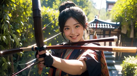 A Japanese witch holding a bow and arrow smiles at the camera