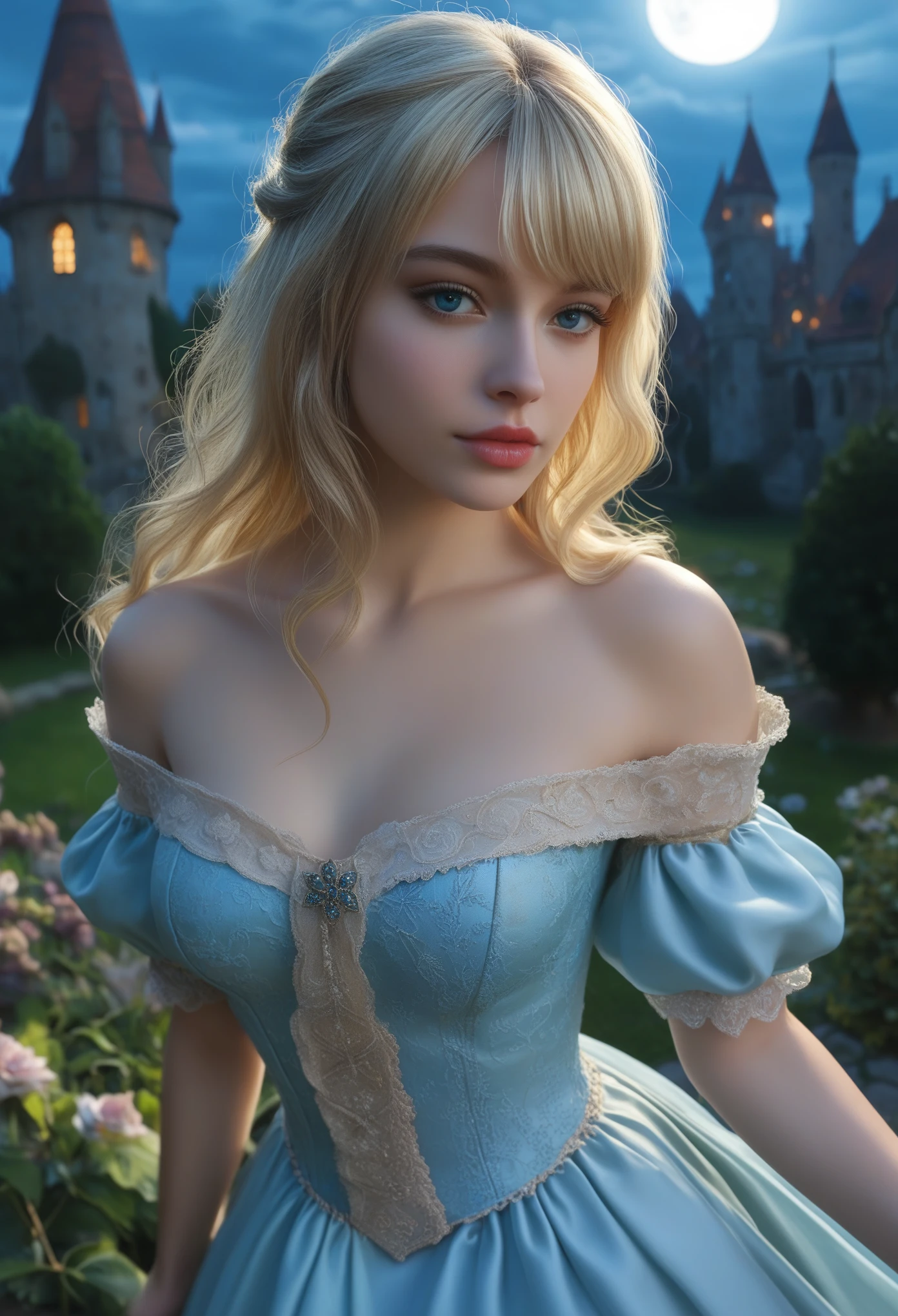 score_9, score_8_above, score_7_above, 1girl, realistic, blonde long hair with bangs, blue_eyes, realistic skin texture, detailed picture, upper_body, HD32k, royal_garden, medieval_castle, elegant_green_dress, off_shoulder_dress, moonlight, night, fullmoon, red_lips, spread_lips
