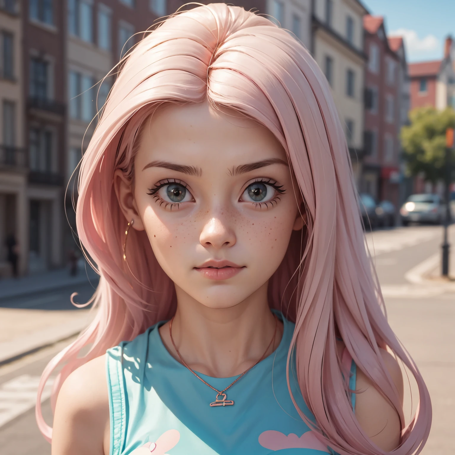 professional, masterpiece, 8k, hyperrealistic portrait of a 16yo cute ginger girl, long hair, pink hair, (looking shy:1.3), green eyes ,freckles, detailed face, detailed skin, photography, hq, photorealistic