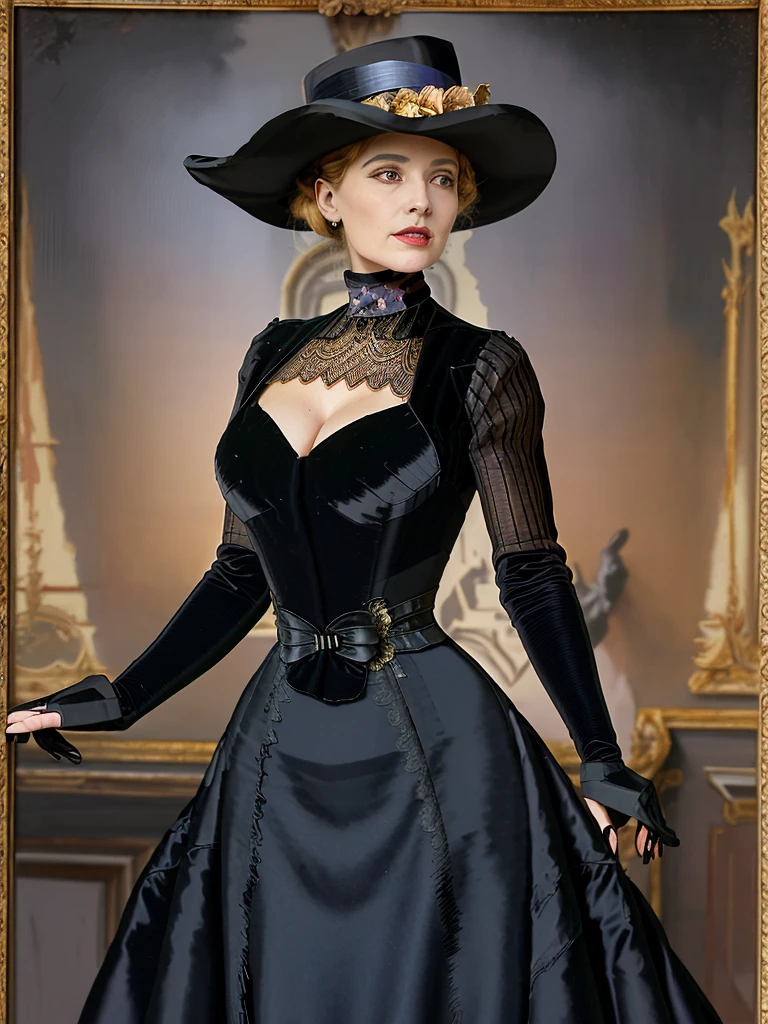 masterpiece, uhd, sharp color  photo of one beautiful woman wearing a high-neck layered black dress, with a hat on and hourglass figure, wasp waist, coseted, at a Parisian cafe  belle epoche dress