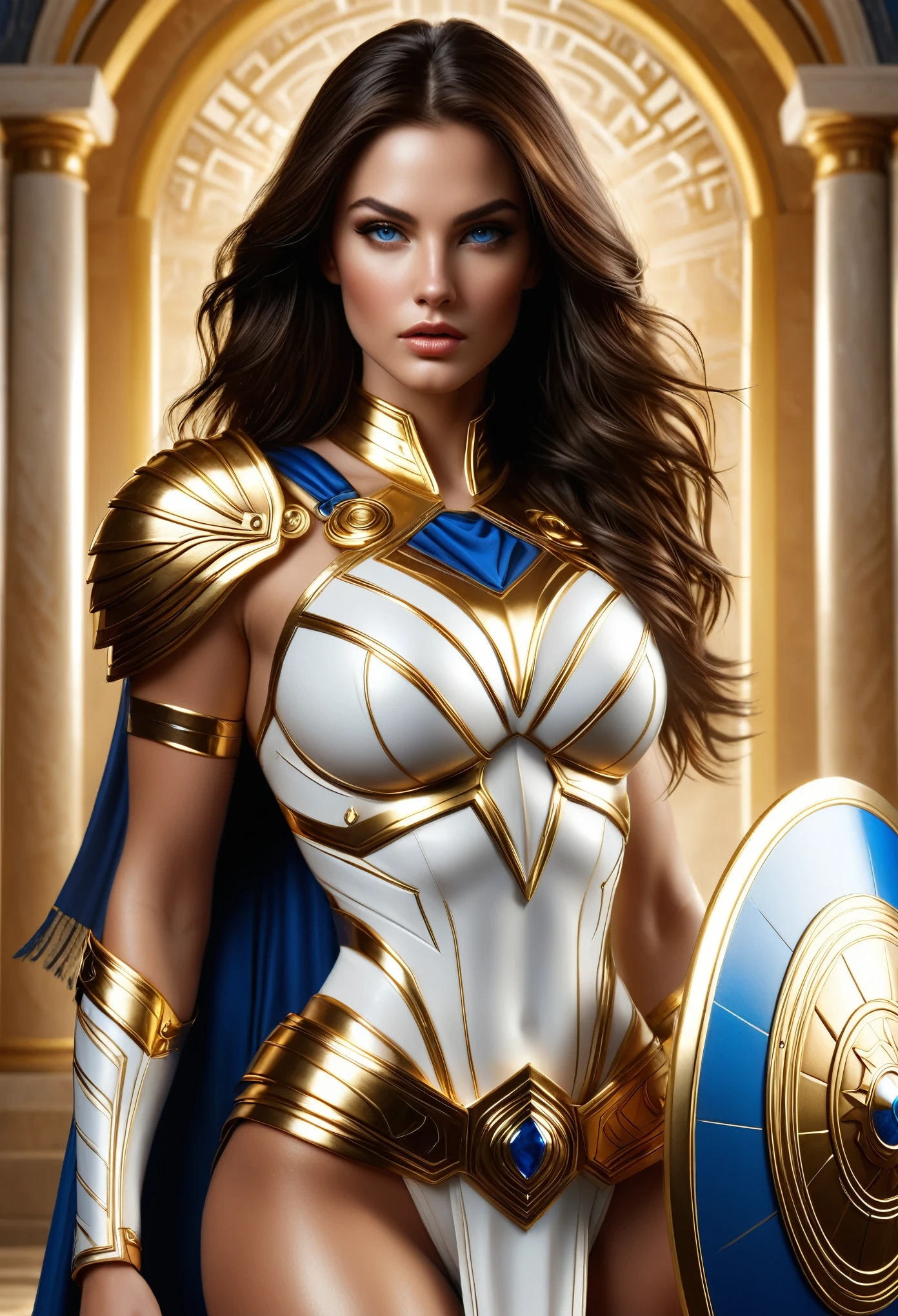 (best quality,4k,8k,highres,masterpiece:1.2),ultra-detailed,(realistic,photorealistic,photo-realistic:1.37),Sexy (best quality,highres),sexy ( Masterpiece, 4k resolution, ultra-realistic, very detailed) A beautiful sexy female Greek superhero who is a demigoddess , blue eyes and long dark brown hair. She wears a white and gold outfit , she has bracelets that are gold, and has long white boots with a golden outline . she holds a long spear and a shield, she also wears a golden stash around her waist. portrait photography by , in the style of realism, glistening skin, , natural lighting, Defined full lips. Muscular fitness feminine

