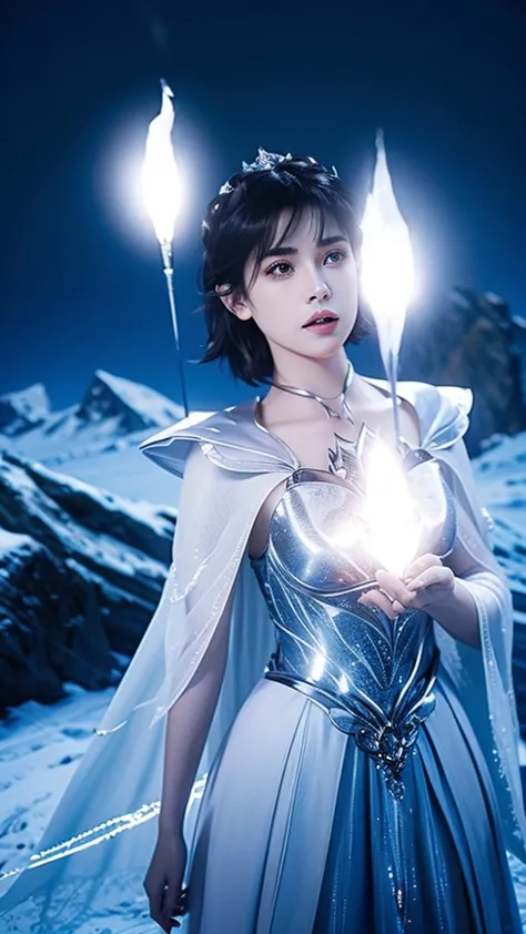 short black haired mystical looking woman casting magic in a battle in a frozen wasteland