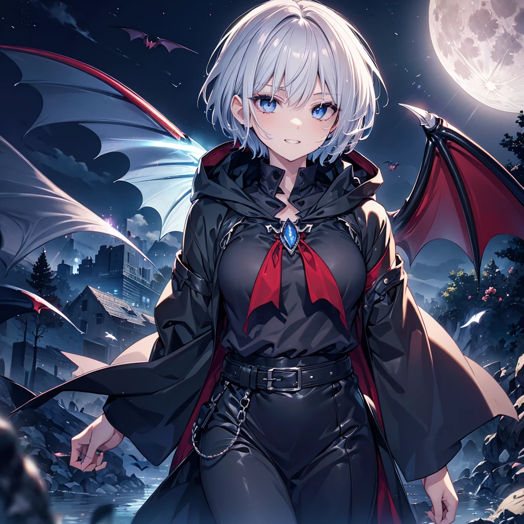 ((((vampire　Inflammation))))　(((Gray Hair　short hair　blue eyes　woman　Center close-up)))，((night　full moon　My own big wings))，(Wearing a hood　Black camisole　Purple light　Wearing a cloak)，　Creepy Smile　Showing teeth　Shining Background　Shining Edges