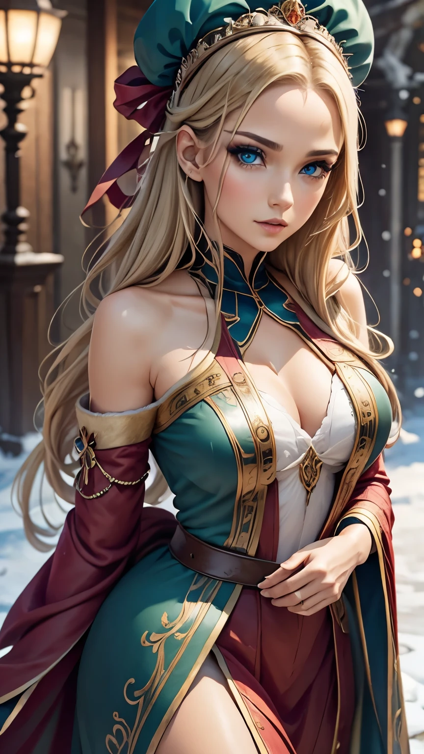 a beautiful empress portrait, blonde hair, perfect blue eyes, with a brilliant, impossible striking big Christmas headpiece, clothes Santa robes, everything Christmas, snow, symmetrical, dramatic studio lighting, rococo, baroque, greens, asian, hyperrealism, closeup, D&D, fantasy, intricate, elegant, highly detailed, digital painting, artstation, octane render, 8k, concept art, matte, sharp focus