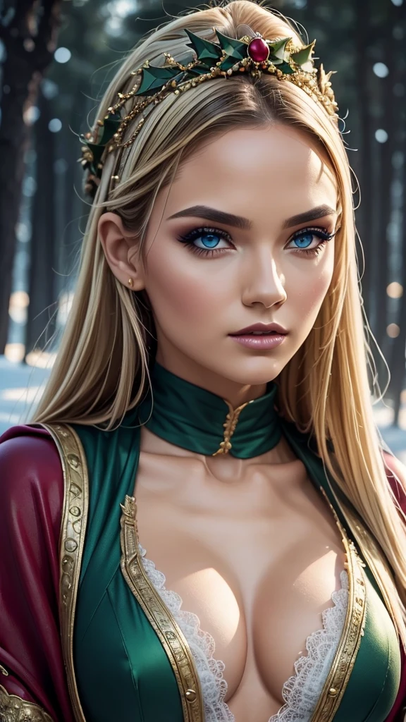 a beautiful empress, mid body shot, blonde hair, perfect blue eyes, with a brilliant, impossible striking big Christmas headpiece, clothes Santa robes, everything Christmas, snow, symmetrical, dramatic studio lighting, rococo, baroque, greens, asian, hyperrealism, closeup, D&D, fantasy, intricate, elegant, highly detailed, digital painting, artstation, octane render, 8k, concept art, matte, sharp focus