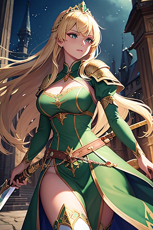 Blonde Caucasian Woman, Women in their early 20s, Wearing emerald-colored armor, Lady of the Holy Knight, Rin々A beautiful woman, Holding a beautiful long sword, Medieval European fantasy,