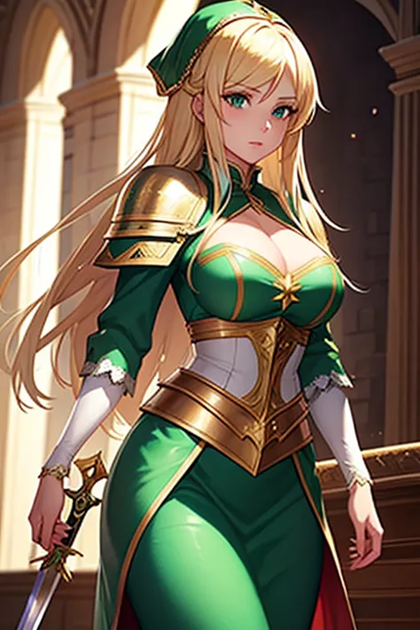 Blonde Caucasian Woman, Women in their early 20s, Wearing emerald-colored armor, Lady of the Holy Knight, Rin々A beautiful woman,...