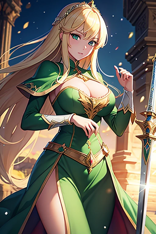 Blonde Caucasian Woman, Women in their early 20s, Wearing emerald-colored armor, Lady of the Holy Knight, Rin々A beautiful woman, Holding a beautiful long sword, Medieval European fantasy,