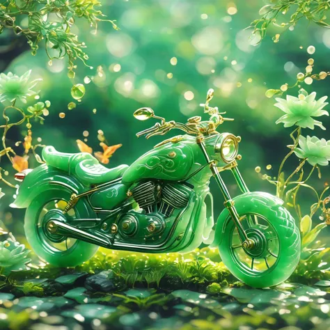 best quality, very good, 16K, ridiculous, Very detailed, Gorgeous((( Motorcycle 1.3)))，Made of translucent jadeite, Background g...