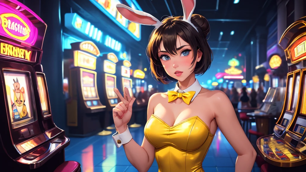 masterpiece, best quality, 1girl, solo, looking at viewer, breasts, frisky face, mature female, collarbone, janeporter, short hair, hair bun, playboy bunny, detached collar, fake animal ears, rabbit ears, rabbit tail, cyberpunk, neon lights, indoors, casino, yellow leotard, bowtie, depth of field,