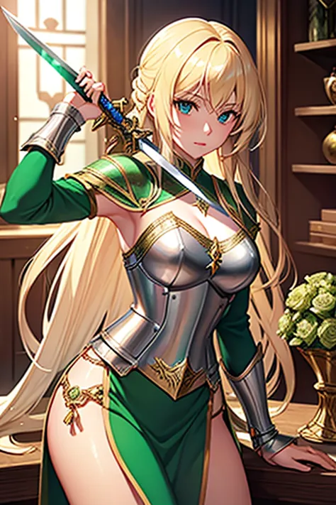 Blonde Caucasian Woman, Women in their early 20s, Wears emerald-colored metal armor, Lady of the Holy Knight, Rin々A beautiful wo...