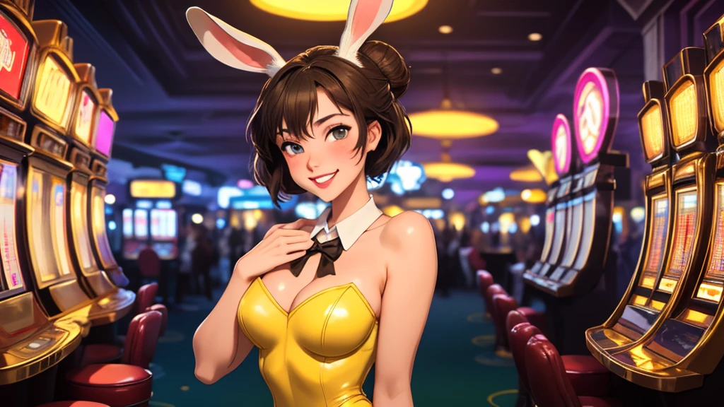 masterpiece, best quality, 1girl, solo, looking at viewer, breasts, playful, smiling, mature female, collarbone, janeporter, short hair, hair bun, playboy bunny, detached collar, fake animal ears, rabbit ears, rabbit tail, cyberpunk, neon lights, indoors, casino, yellow leotard, bowtie, depth of field,