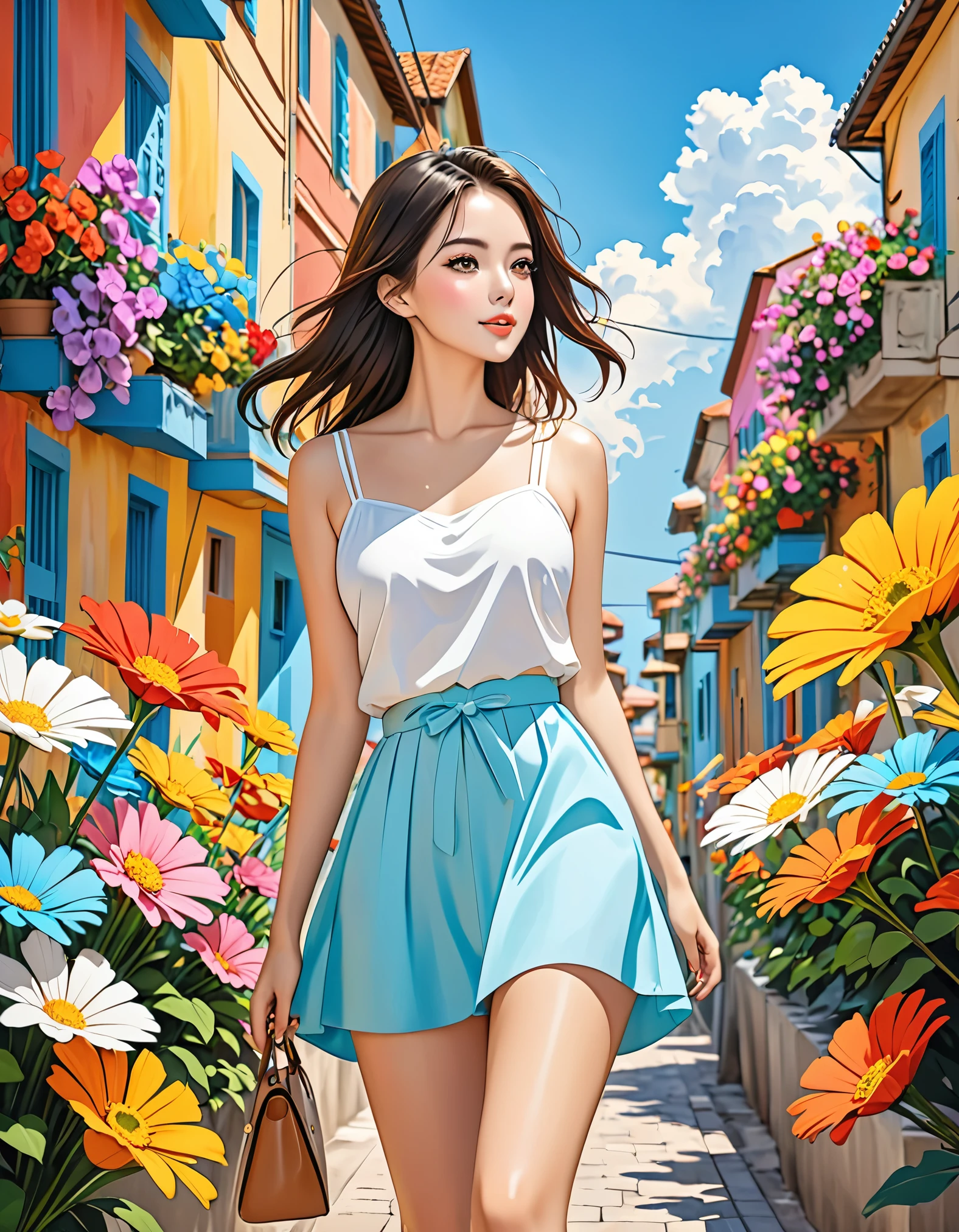 Fujichoco style, ，stylish design, Simple Line Initialism，Abstract art， (((The most beautiful girl))), summer vacation、Urban Background, colorful flowers, Dreams and Hopes