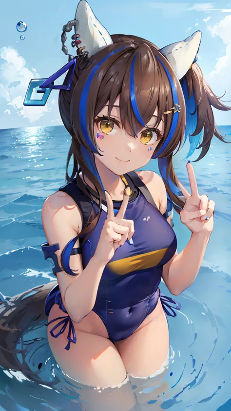 masterpiece, highest quality, high resolution, very detailed,(((daitaku helios in the sea))), (((peace sign))), (((smile))), swi...