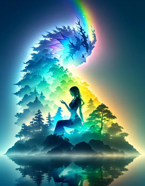 an enchanting silhouette artwork depicting a serene woman sitting cross-legged in a meditative pose. a baby rainbow dragon's sil...