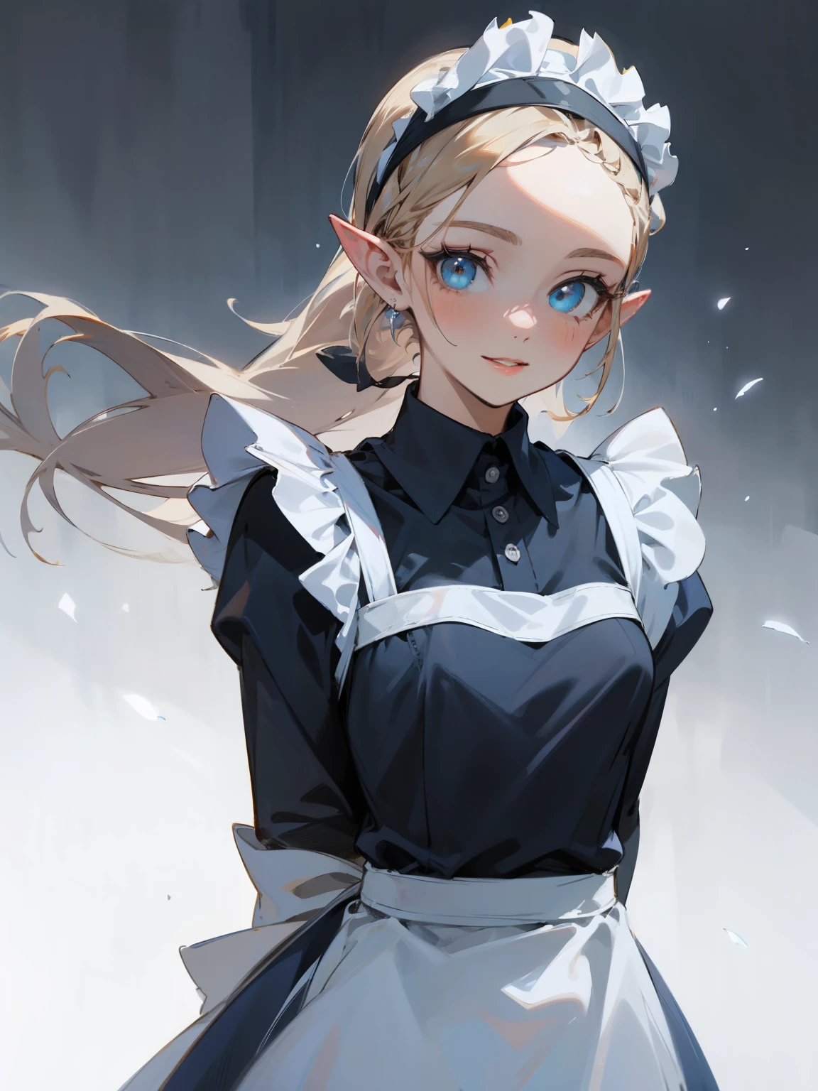 (masterpiece), ((best quality)), (super detailed), (Clean and delicate face), (side lighting, finely detailed beautiful eyes: 1.2), (Eyelid, Pupil, Sclera, Iris), floating particle, flower, from front, solo, (upper body, standing posture), Single Braided blonde pony tail, parted bangs, forehead, pointed ears, smile, blush, lips apart, (blue maid costume, white maid headband), arms behind back, dark simple background, looking at viewer, galaxy