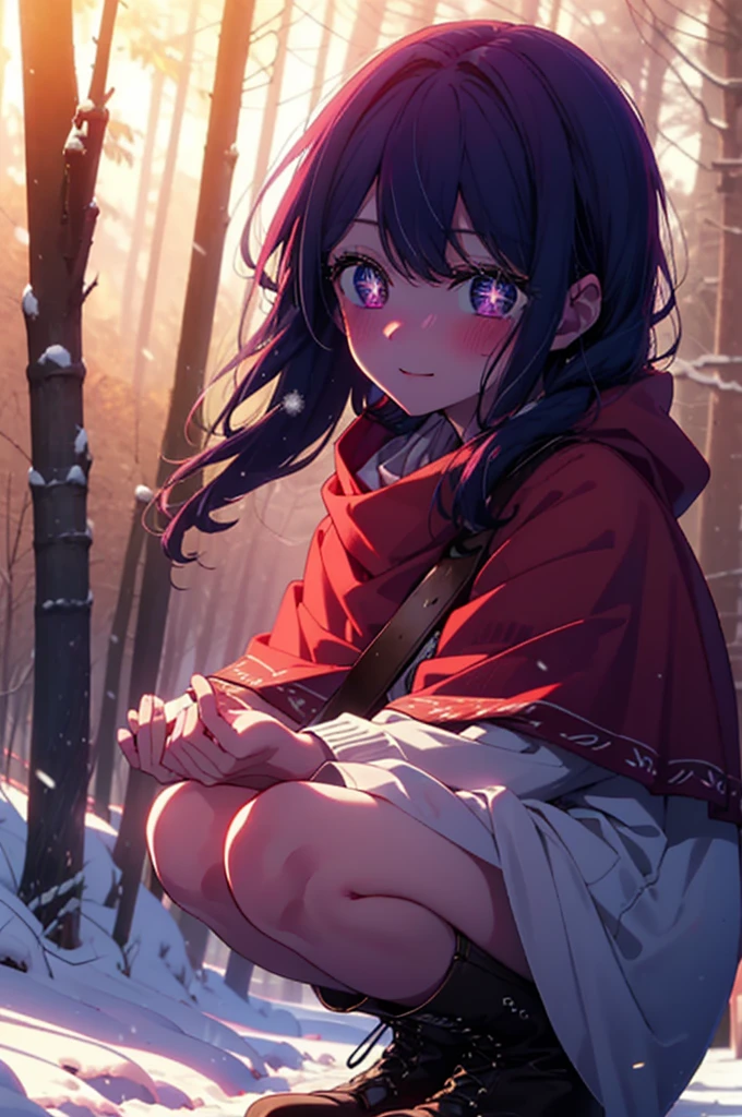 aihoshino, Ai Hoshino, Long Hair, bangs, (Purple eyes:1.1), Purple Hair, (Symbol-shaped pupil:1.5), smile,,smile,blush,White Breath,
Open your mouth,snow,Ground bonfire, Outdoor, boots, snowing, From the side, wood, suitcase, Cape, Blurred, , forest, White handbag, nature,  Squat, Mouth closed, Cape, winter, Written boundary depth, Black shoes, red Cape break looking at viewer, Upper Body, whole body, break Outdoor, forest, nature, break (masterpiece:1.2), Highest quality, High resolution, unity 8k wallpaper, (shape:0.8), (Beautiful and beautiful eyes:1.6), Highly detailed face, Perfect lighting, Extremely detailed CG, (Perfect hands, Perfect Anatomy),