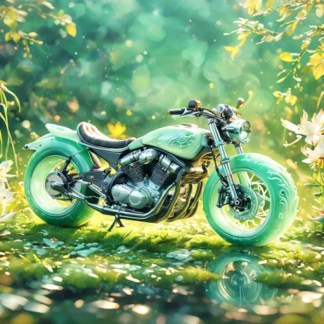 best quality, very good, 16k, ridiculous, very detailed, gorgeous((( motorcycle 1.3)))，made of translucent jadeite, background g...