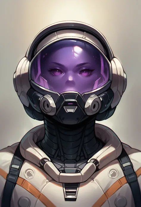 A Erie  black space suit with a solid black visor, make it look metallic, add purple smoke in the background