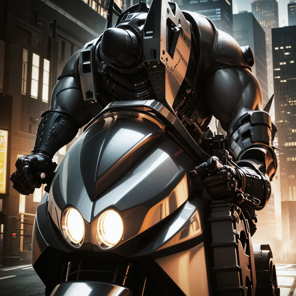 a massive, muscular gray rhino humanoid in a high-tech gray rhino suit, riding a huge, terrifying motorcycle with black chrome, machine gun mounts, and a large rhino horn over the headlight, in a downtown city setting, detailed cinematic lighting, highly detailed, 8k, photorealistic, masterpiece, dramatic action scene