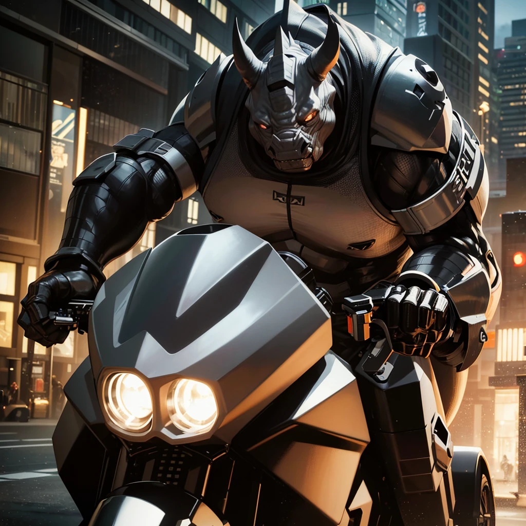 a massive, muscular gray rhino humanoid in a high-tech gray rhino suit, riding a huge, terrifying motorcycle with black chrome, machine gun mounts, and a large rhino horn over the headlight, in a downtown city setting, detailed cinematic lighting, highly detailed, 8k, photorealistic, masterpiece, dramatic action scene