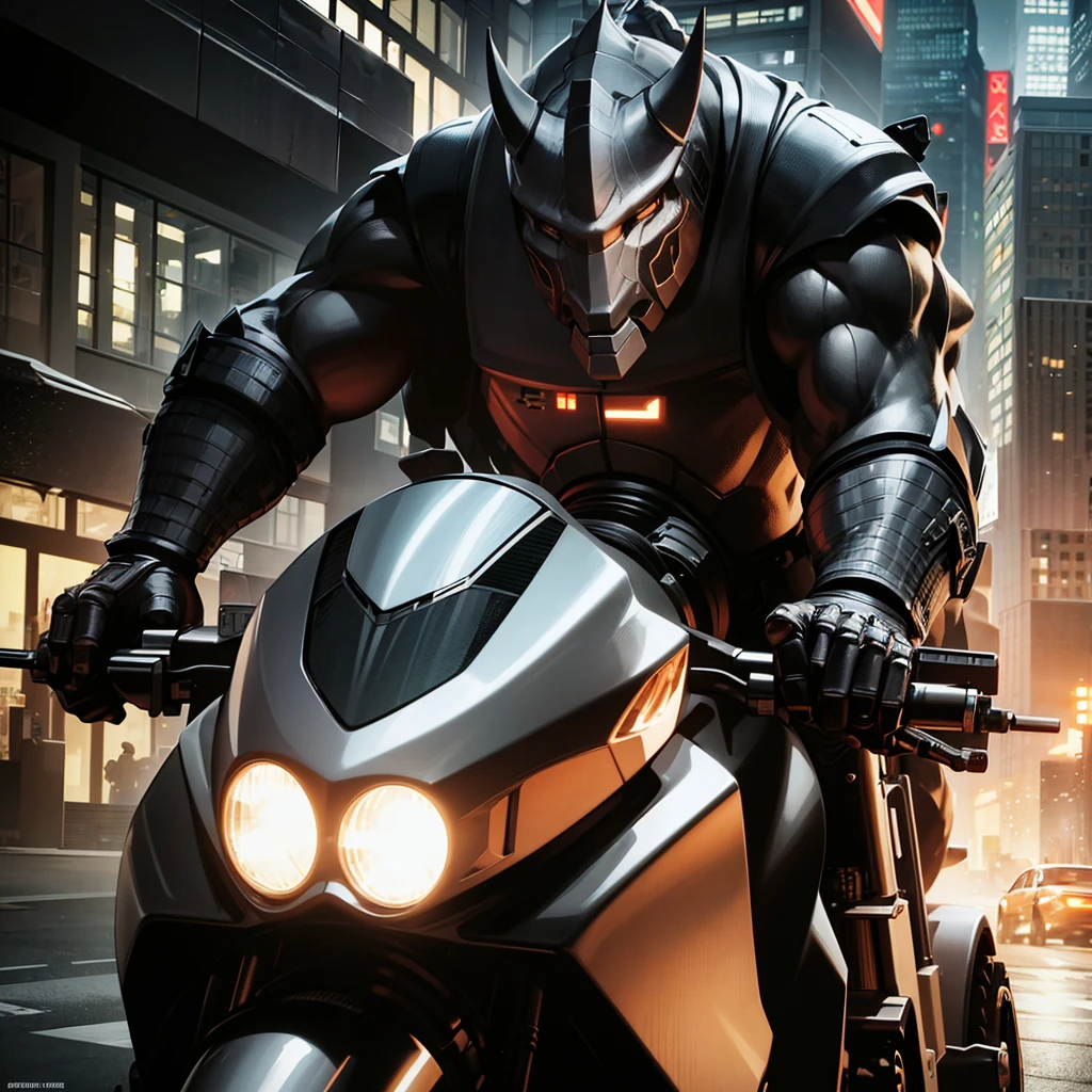 a massive, muscular gray rhino humanoid in a high-tech gray rhino suit, riding a huge, terrifying motorcycle with black chrome, machine gun mounts, and a large rhino horn over the headlight, in a downtown city setting, detailed cinematic lighting, highly detailed, 8k, photorealistic, masterpiece, dramatic action scene