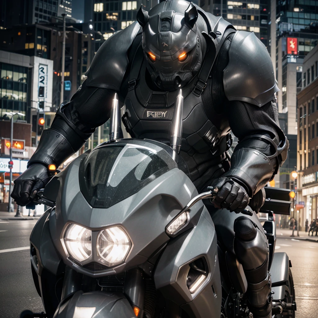 a massive, muscular gray rhino humanoid in a high-tech gray rhino suit, riding a huge, terrifying motorcycle with black chrome, machine gun mounts, and a large rhino horn over the headlight, in a downtown city setting, detailed cinematic lighting, highly detailed, 8k, photorealistic, masterpiece, dramatic action scene