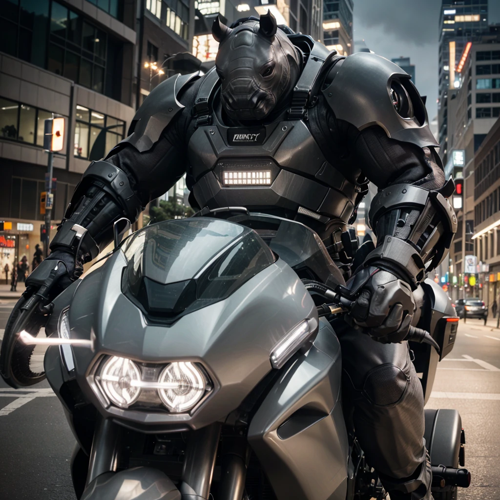 a massive, muscular gray rhino humanoid in a high-tech gray rhino suit, riding a huge, terrifying motorcycle with black chrome, machine gun mounts, and a large rhino horn over the headlight, in a downtown city setting, detailed cinematic lighting, highly detailed, 8k, photorealistic, masterpiece, dramatic action scene