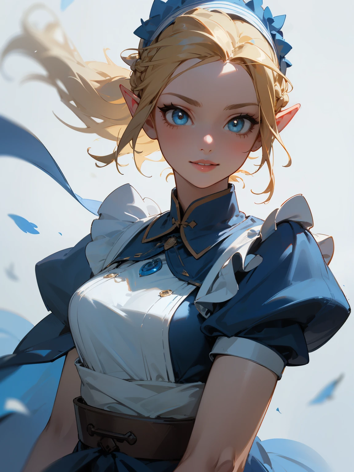 (masterpiece), ((best quality)), (super detailed), (Clean and delicate face), (side lighting, finely detailed beautiful eyes: 1.2), (Eyelid, Pupil, Sclera, Iris), floating particle, wind, flower, from front, (upper body, standing posture), Single Braided blonde pony tail, forehead, pointed ears, smile, lips apart, (blue maid costume, white maid headband), simple background, looking at viewer