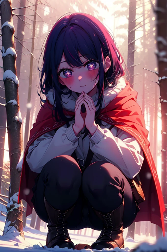 aihoshino, Ai Hoshino, Long Hair, bangs, (Purple eyes:1.1), Purple Hair, (Symbol-shaped pupil:1.5), smile,,smile,blush,White Breath,
Open your mouth,snow,Ground bonfire, Outdoor, boots, snowing, From the side, wood, suitcase, Cape, Blurred, , forest, White handbag, nature,  Squat, Mouth closed, Cape, winter, Written boundary depth, Black shoes, red Cape break looking at viewer, Upper Body, whole body, break Outdoor, forest, nature, break (masterpiece:1.2), Highest quality, High resolution, unity 8k wallpaper, (shape:0.8), (Beautiful and beautiful eyes:1.6), Highly detailed face, Perfect lighting, Extremely detailed CG, (Perfect hands, Perfect Anatomy),